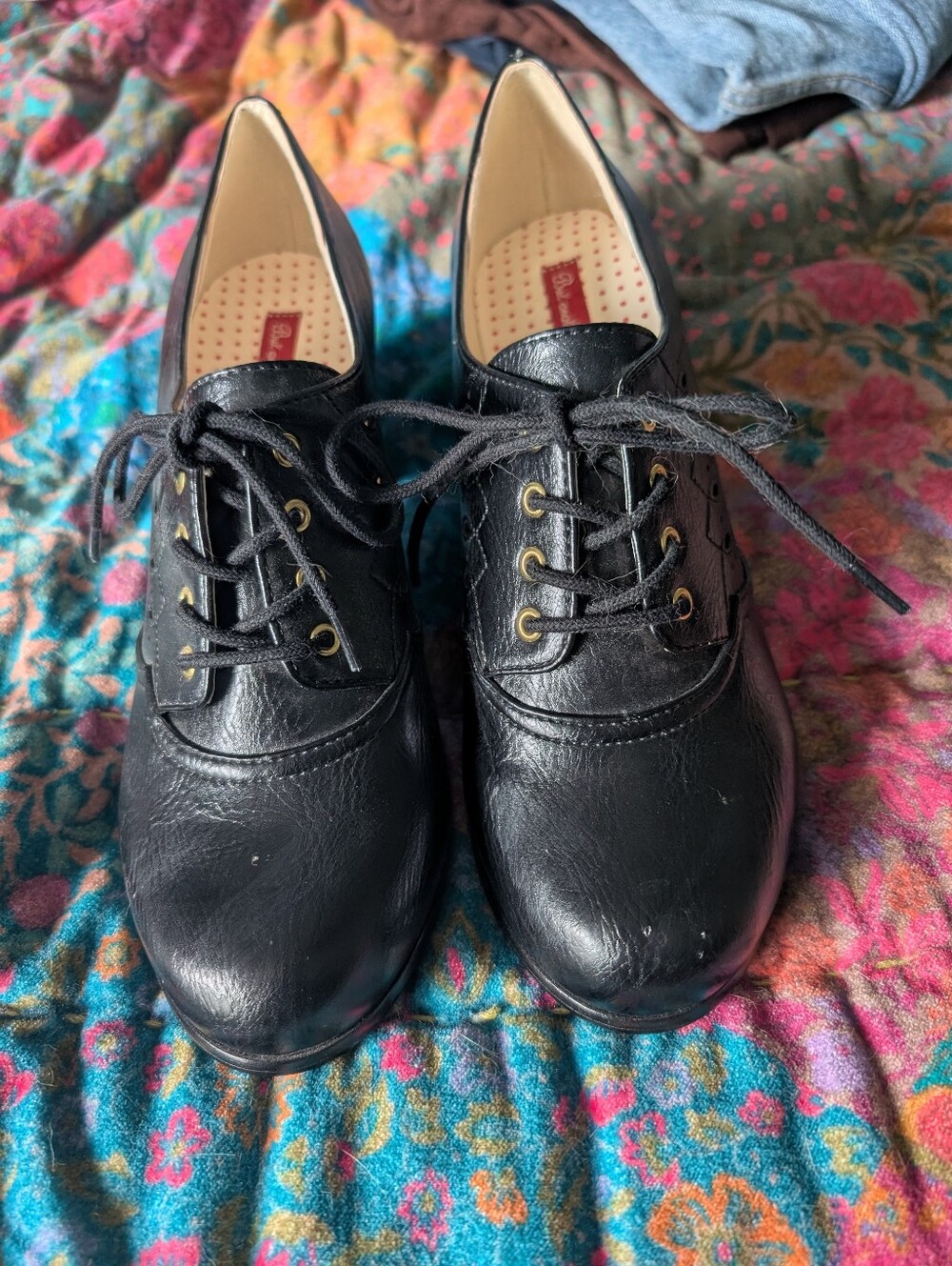 Bait Footwear Classic Lace-Up Women's Black Leather Heels Oxford Pinup Retro - Picture 2 of 7